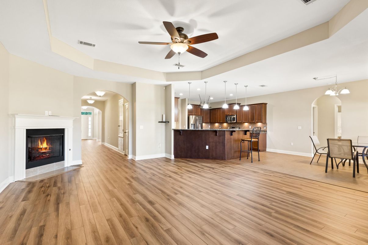 Dining room, Fireplace, Interior, Kitchen, Pendant Lights, Recessed Lighting, Wood Texture Flooring