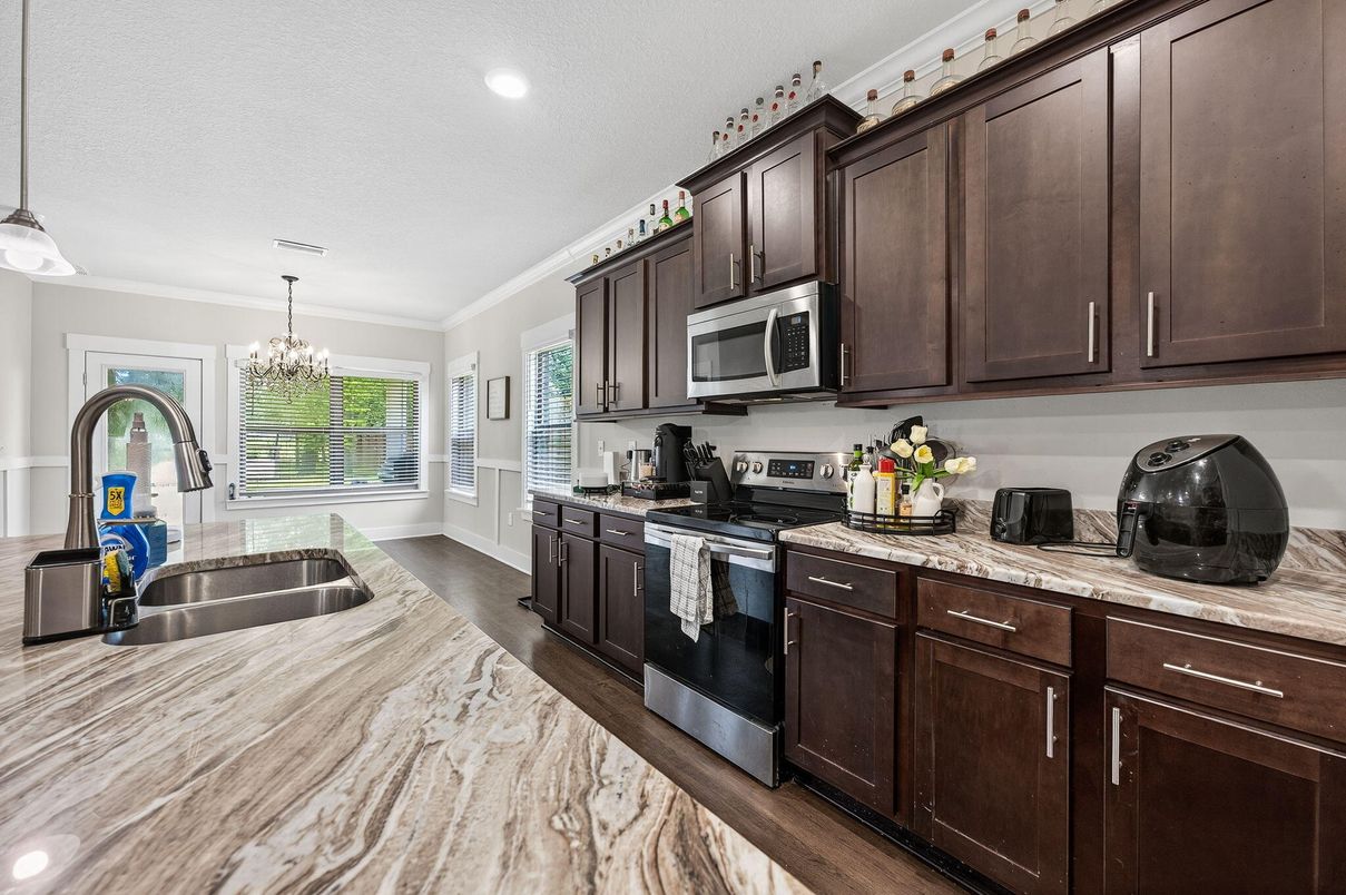 Chandelier, Interior, Kitchen, Pendant Lights, Recessed Lighting, Wood Texture Flooring