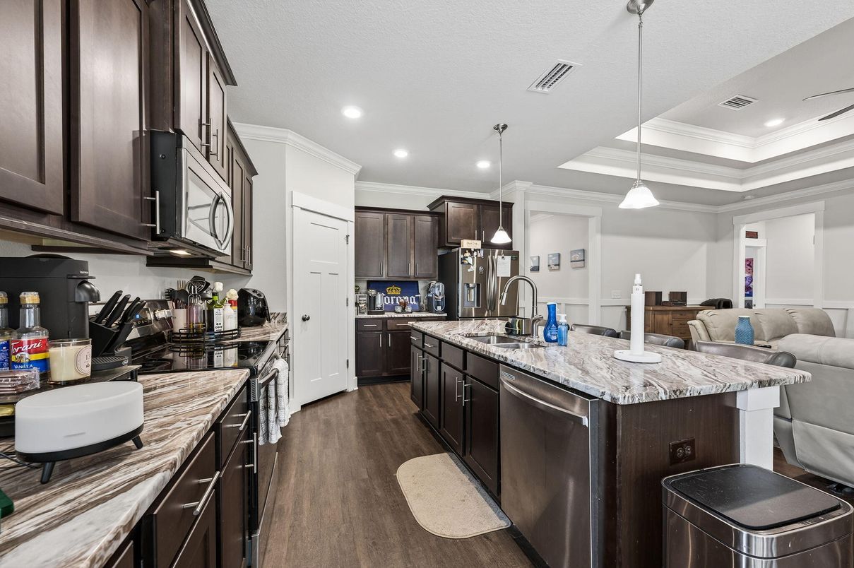 Interior, Kitchen, Living room, Pendant Lights, Recessed Lighting, Stainless Steel Appliances, Wood Texture Flooring
