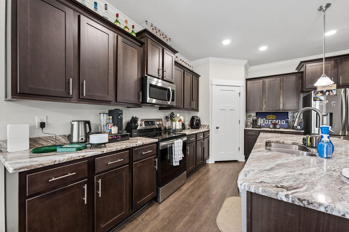 Interior, Kitchen, Pendant Lights, Recessed Lighting, Stainless Steel Appliances, Wood Texture Flooring