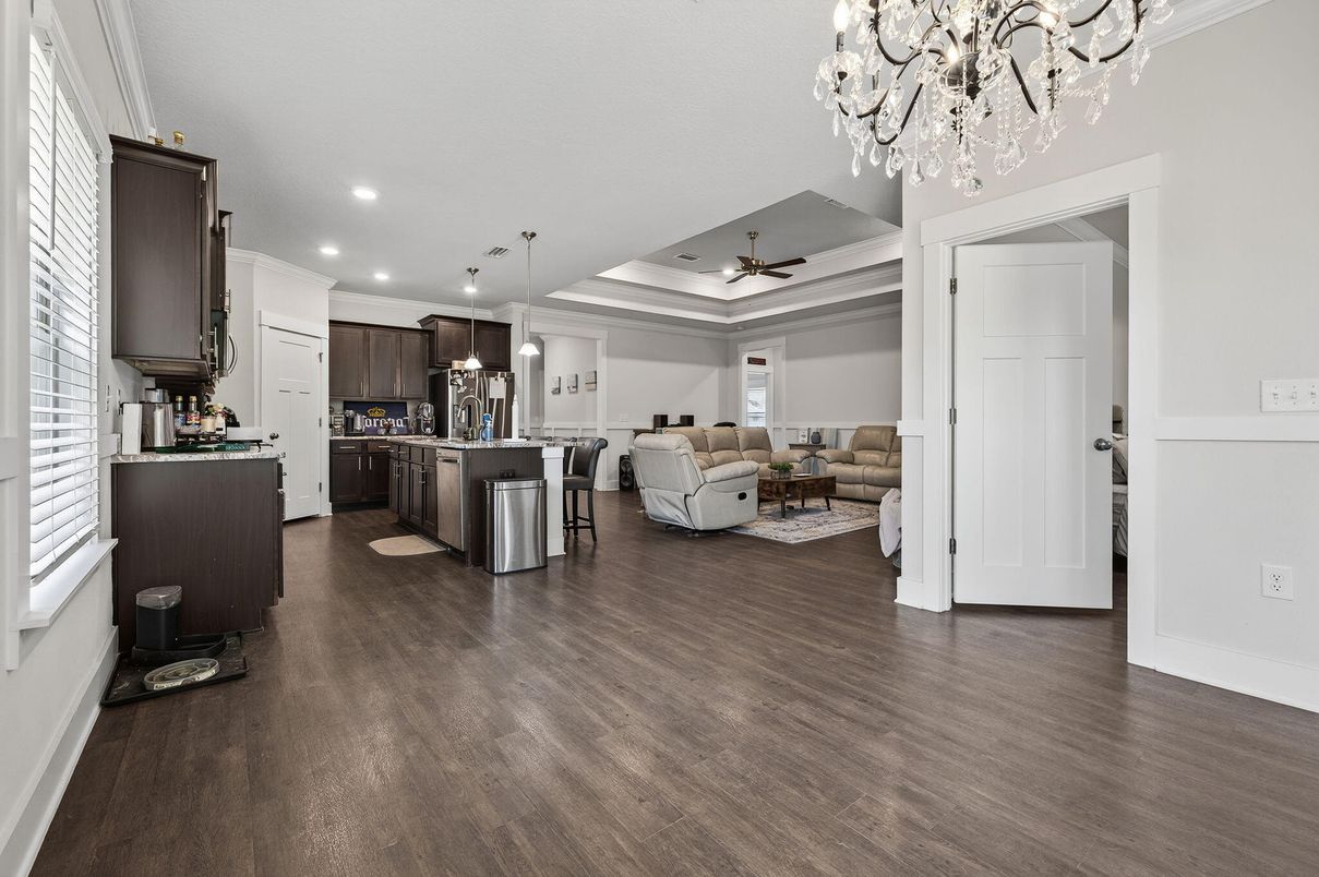 Interior, Kitchen, Living room, Pendant Lights, Recessed Lighting, Stainless Steel Appliances, Wood Texture Flooring