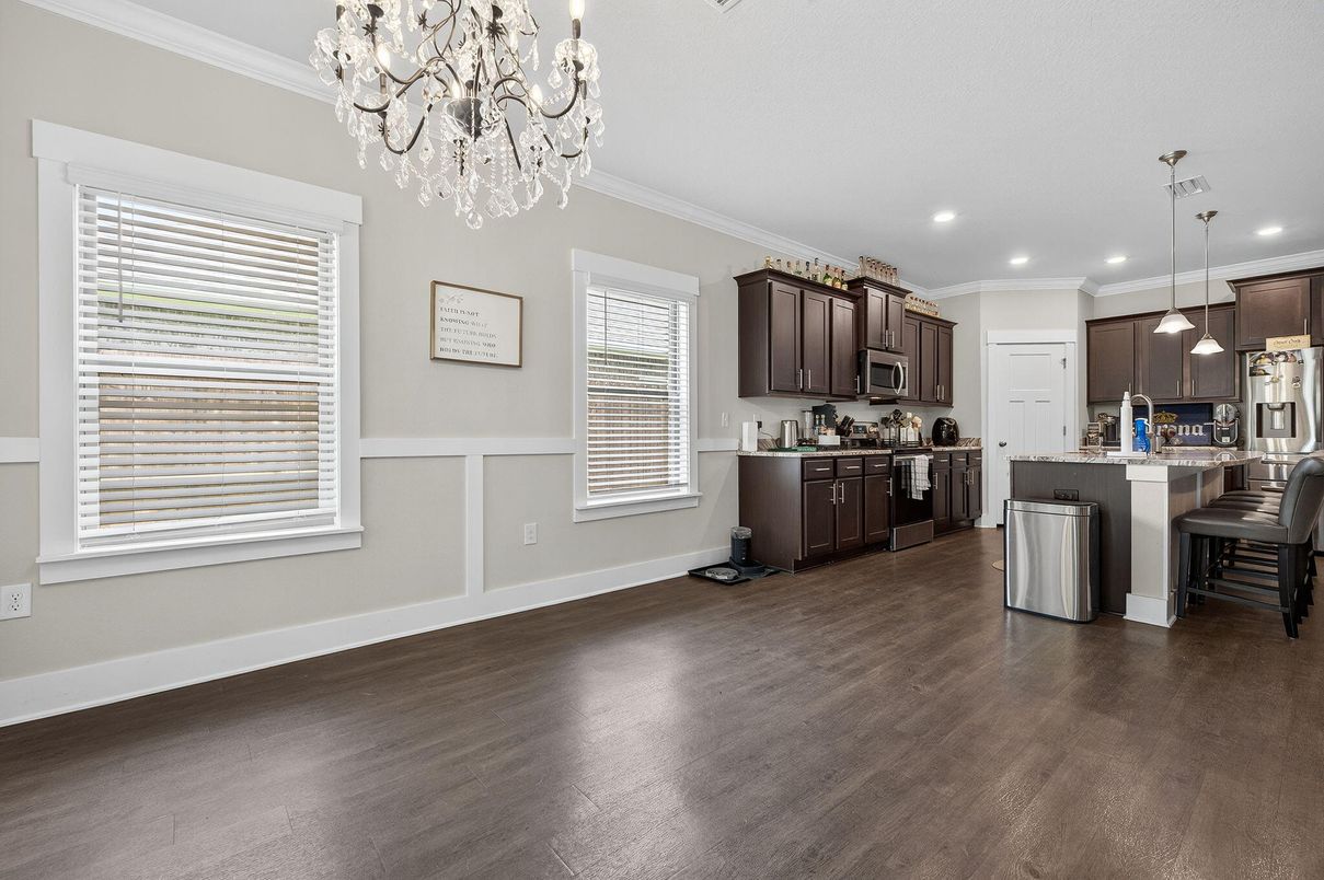 Chandelier, Interior, Kitchen, Pendant Lights, Recessed Lighting, Wood Texture Flooring