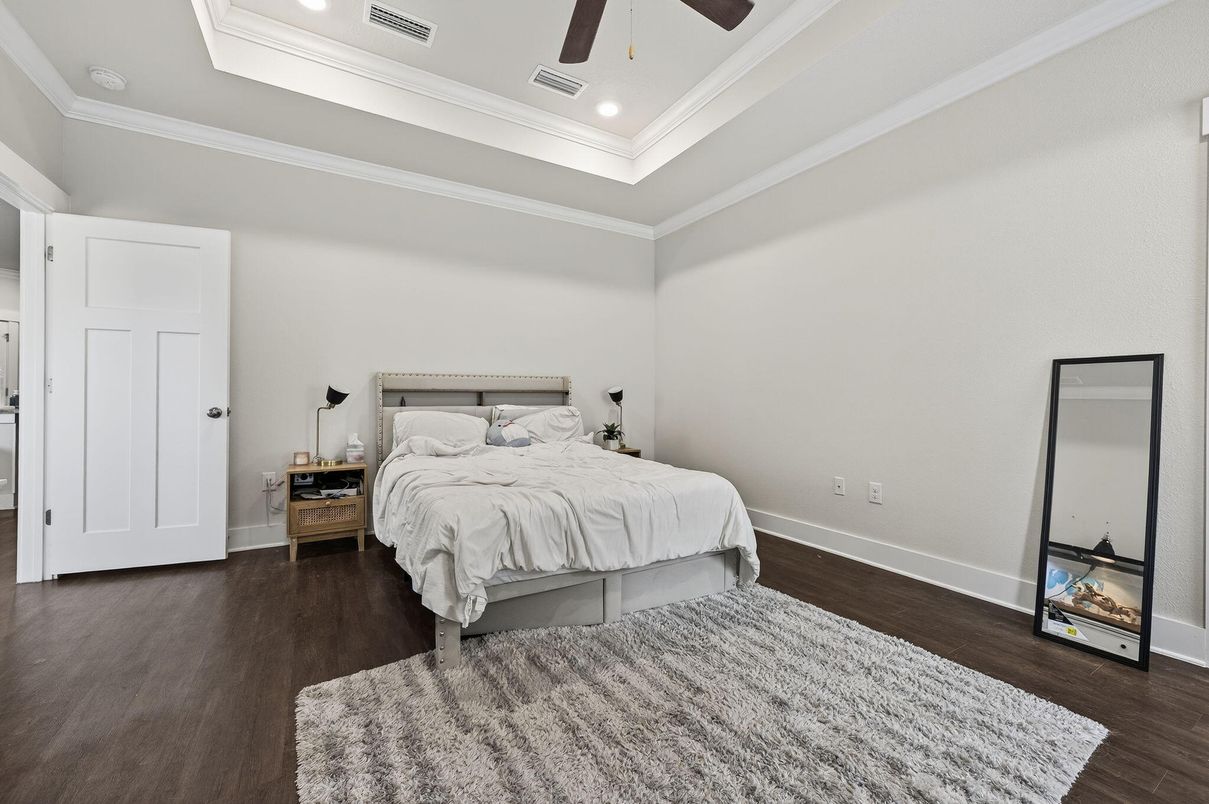 Bedroom, Interior, Recessed Lighting, Wood Texture Flooring