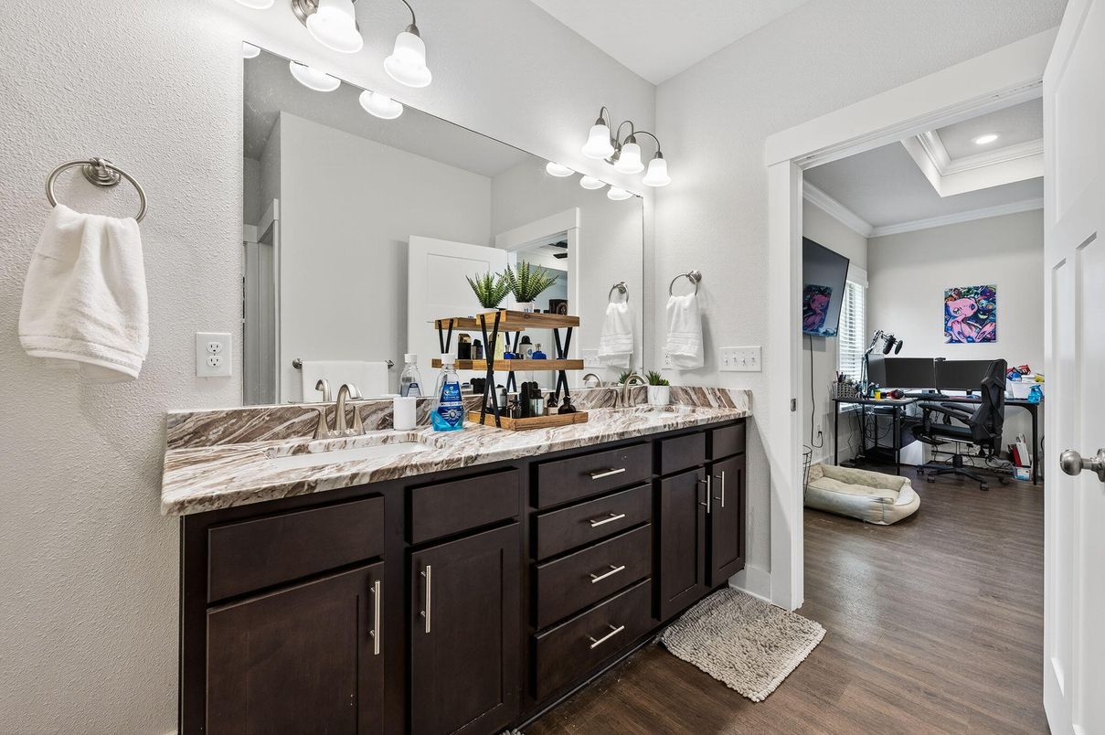 Bathroom, Dual Sink Vanities, Interior, Recessed Lighting, Wood Texture Flooring