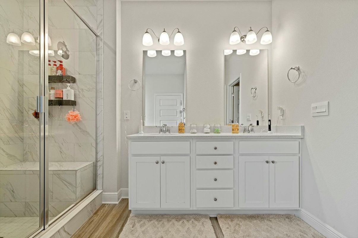 Bathroom, Dual Sink Vanities, Glass Shower, Interior, Marble Walls