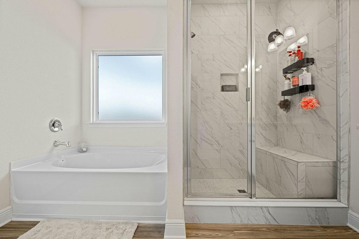 Bathroom, Glass Shower, Interior, Marble Walls, Wood Texture Flooring