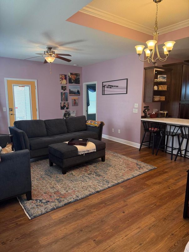 Chandelier, Interior, Living room, Wood Texture Flooring
