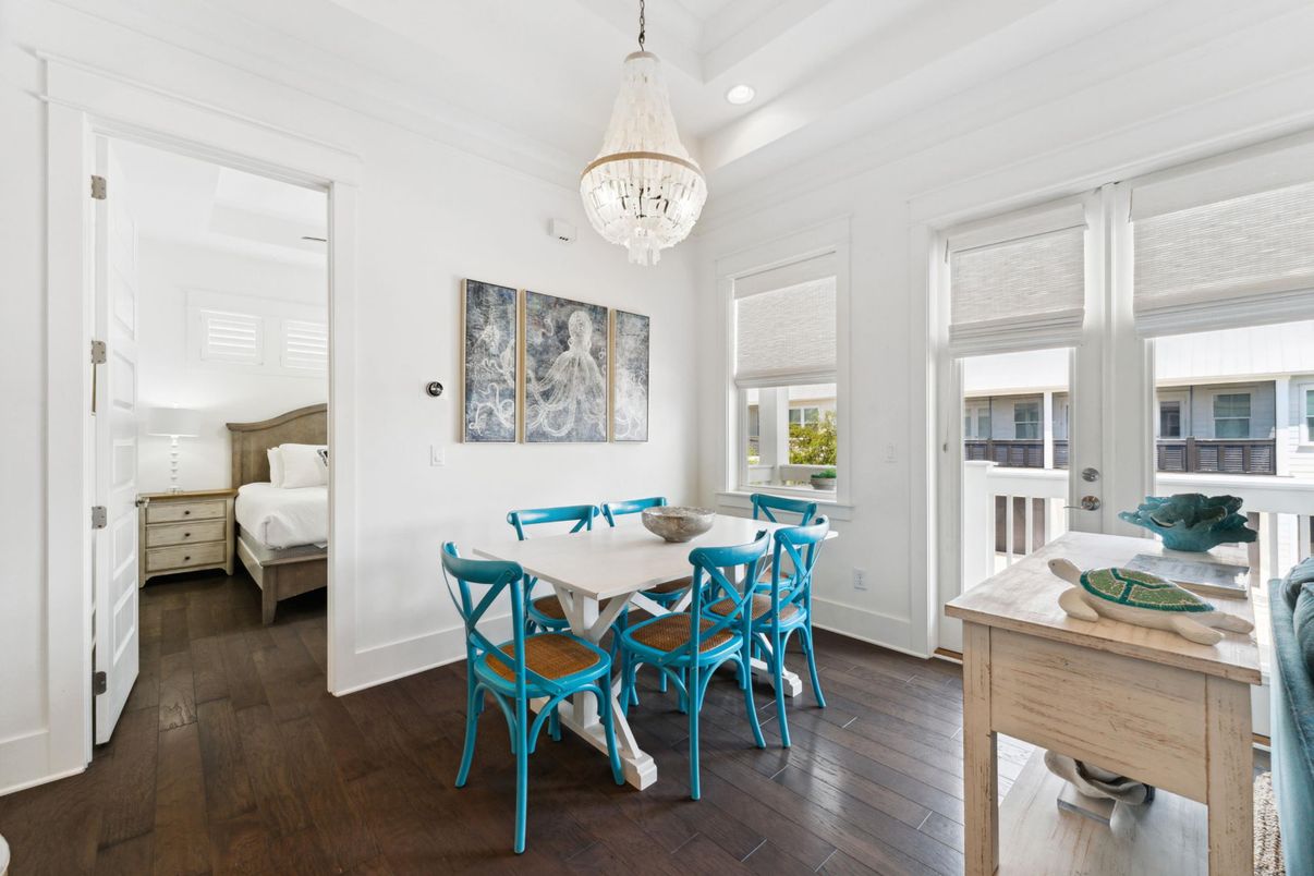 Bedroom, Chandelier, Dining room, Interior, Recessed Lighting, Wood Texture Flooring