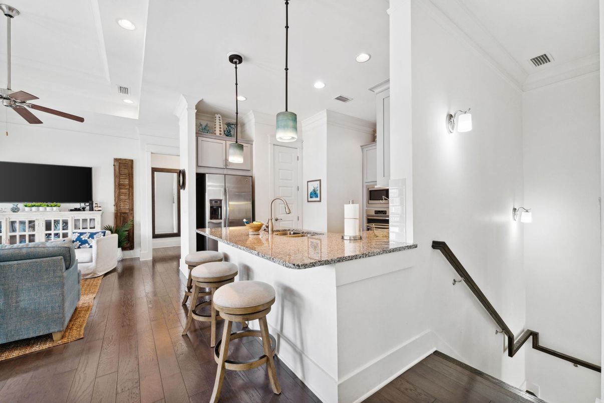 Interior, Kitchen, Pendant Lights, Recessed Lighting, Stainless Steel Appliances, Wood Texture Flooring