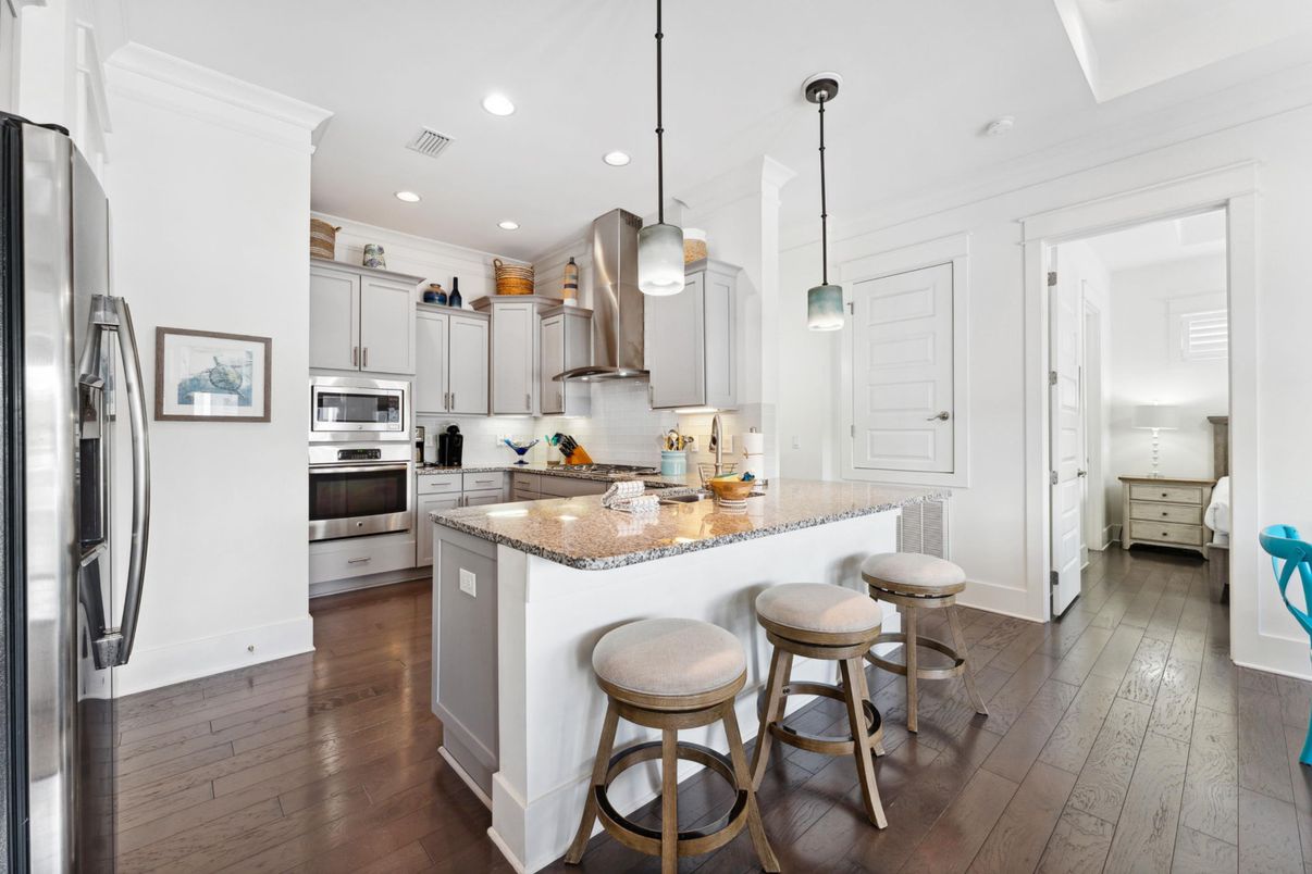 Interior, Kitchen, Pendant Lights, Recessed Lighting, Stainless Steel Appliances, Wood Texture Flooring