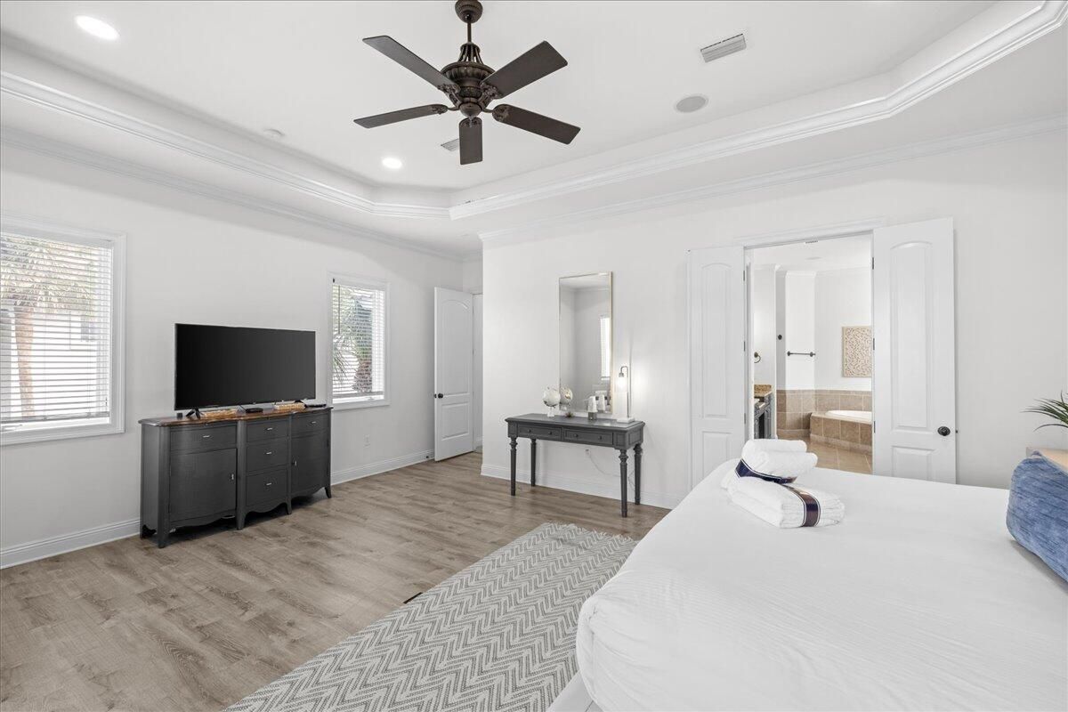 Bedroom, Interior, Recessed Lighting, Wood Texture Flooring