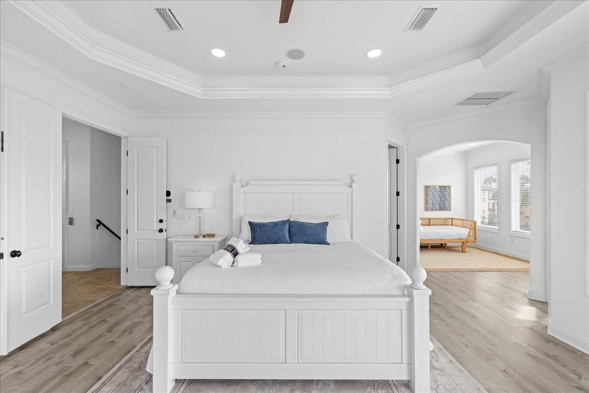 Bedroom, Interior, Recessed Lighting, Wood Texture Flooring