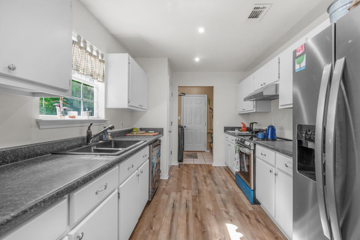 Interior, Kitchen, Recessed Lighting, Stainless Steel Appliances, Wood Texture Flooring