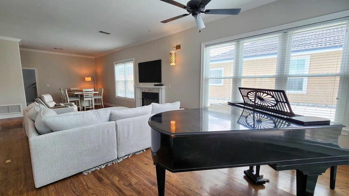 Dining room, Fireplace, Interior, Living room, Piano, Wood Texture Flooring