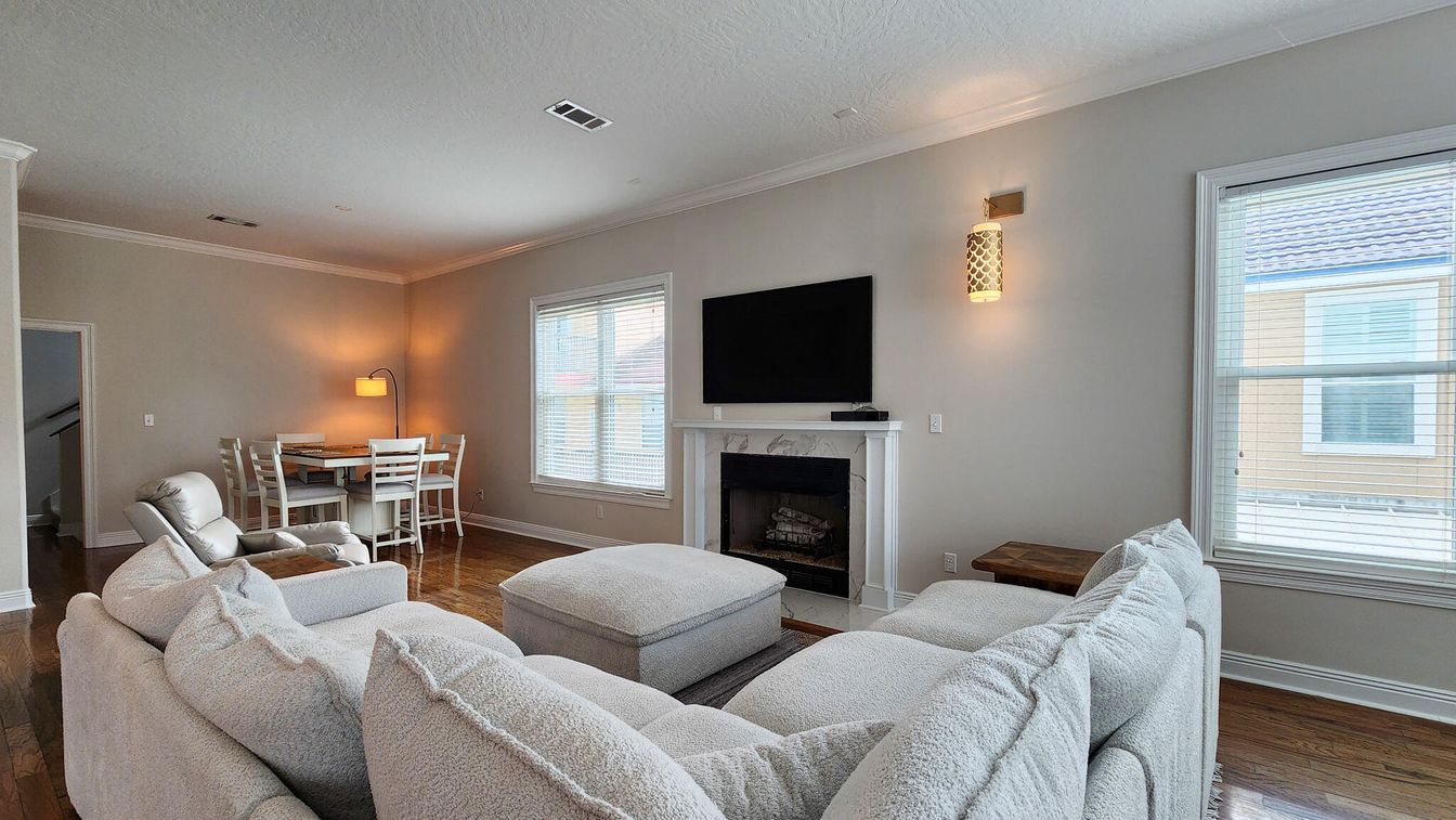 Dining room, Fireplace, Interior, Living room, Wood Texture Flooring