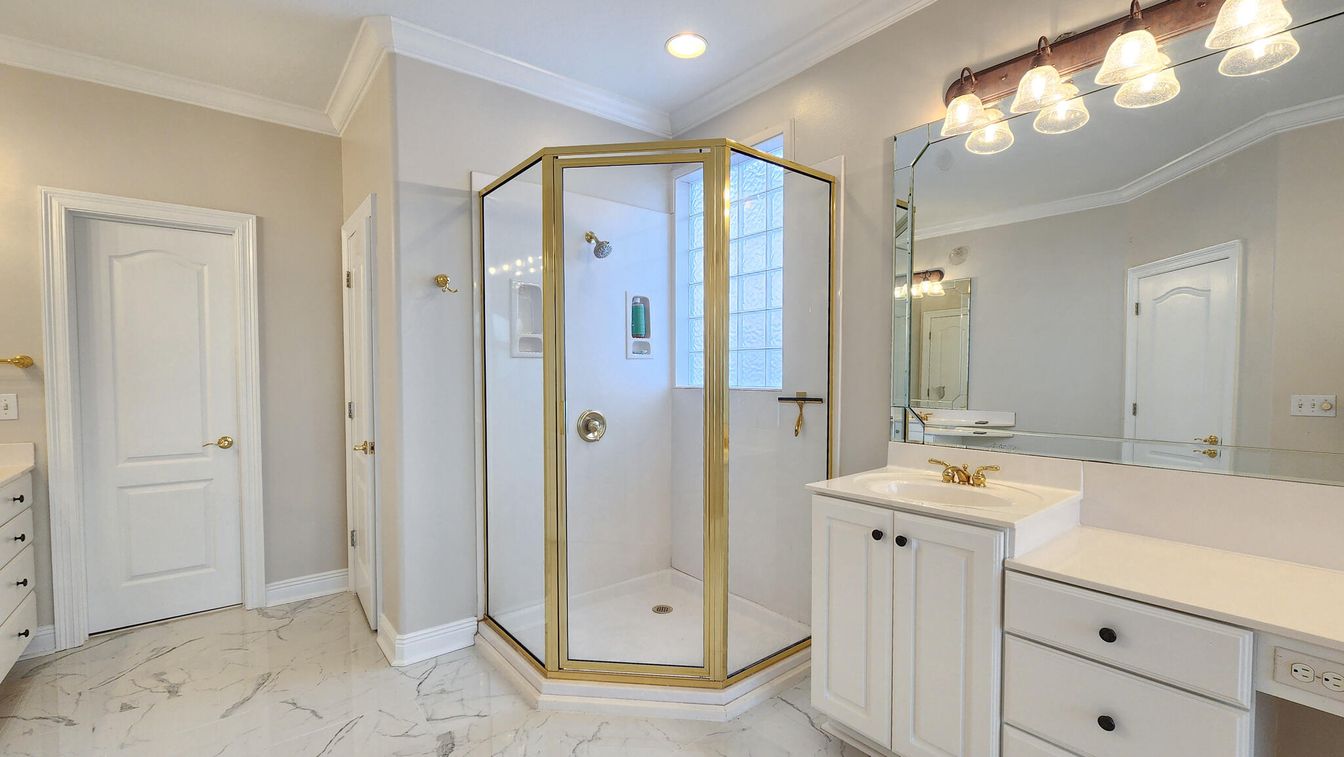 Bathroom, Glass Shower, Interior, Marble, Recessed Lighting