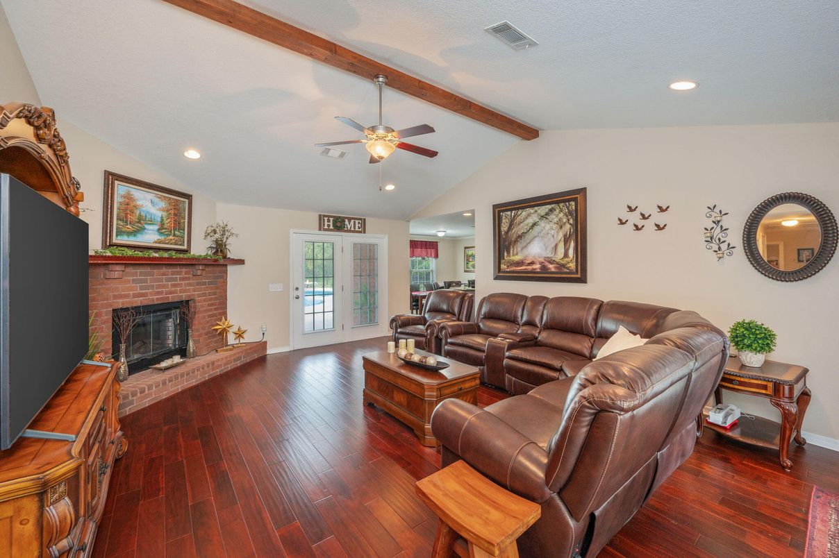 Fireplace, Interior, Living room, Recessed Lighting, Wooden Beams, Wood Texture Flooring