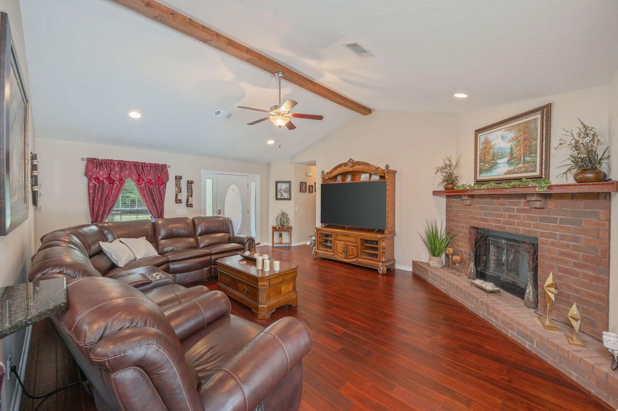 Fireplace, Interior, Living room, Recessed Lighting, Stone Walls, Wooden Beams, Wood Texture Flooring