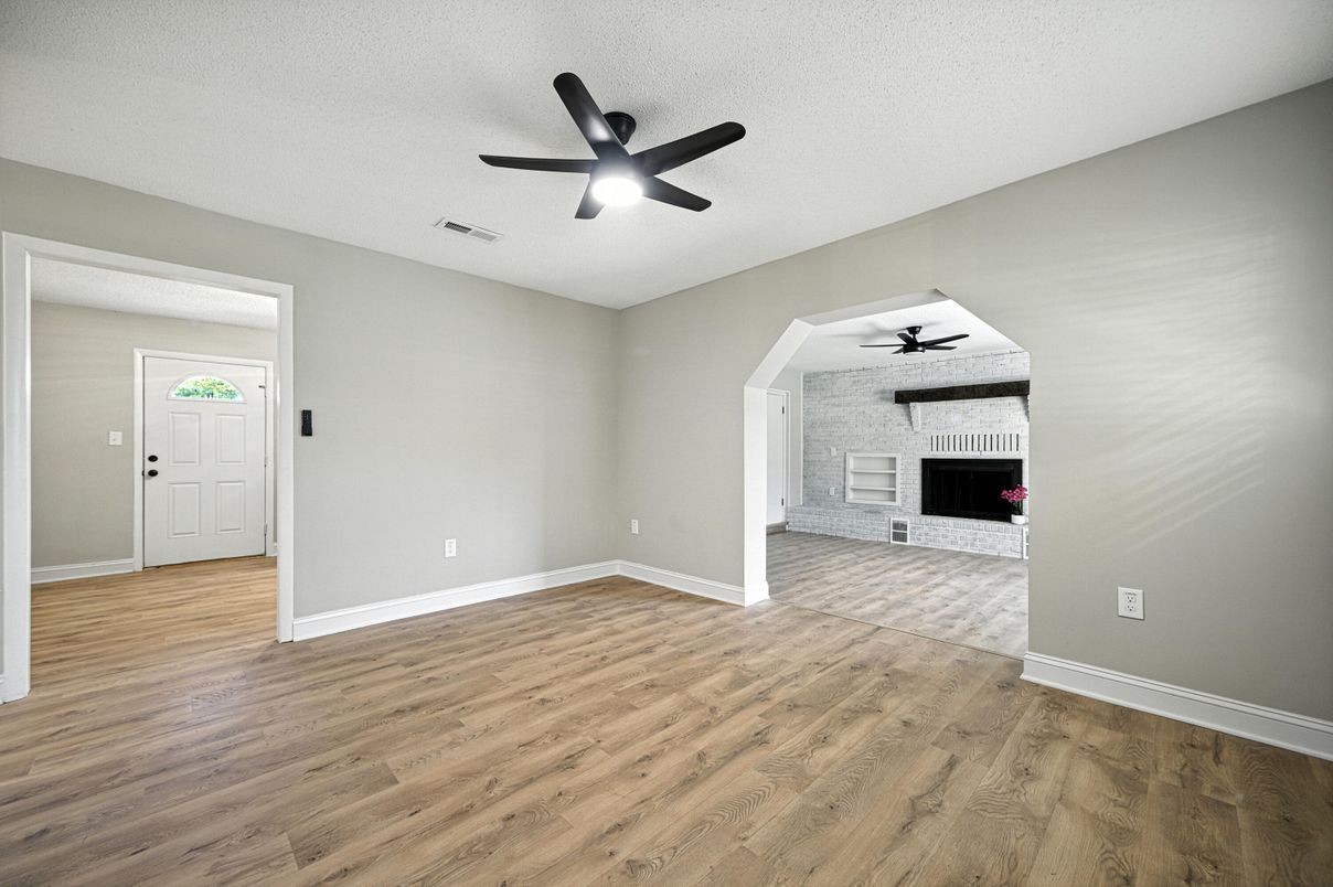 Empty room, Fireplace, Interior, Stone Walls, Wood Texture Flooring