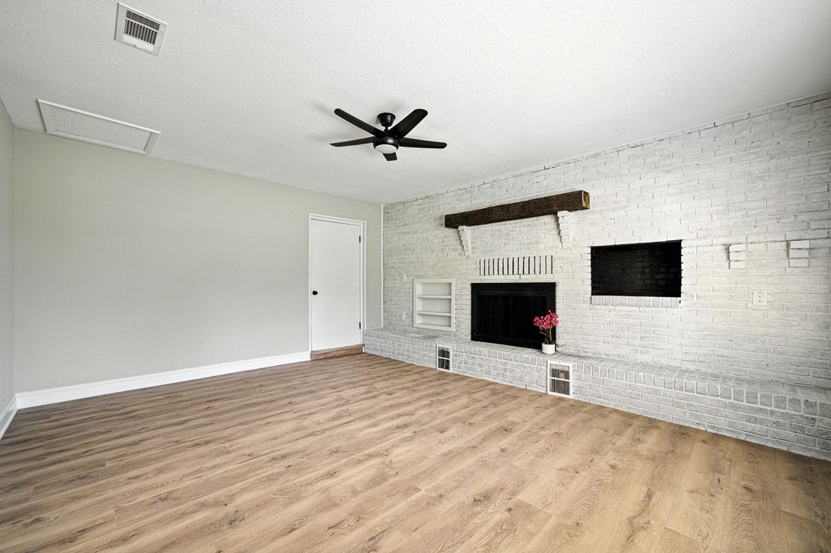 Empty room, Fireplace, Interior, Stone Walls, Wood Texture Flooring