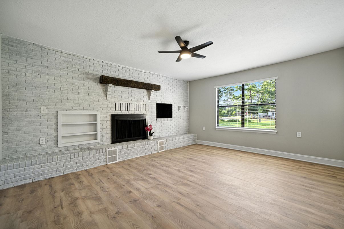 Empty room, Fireplace, Interior, Stone Walls, Wood Texture Flooring