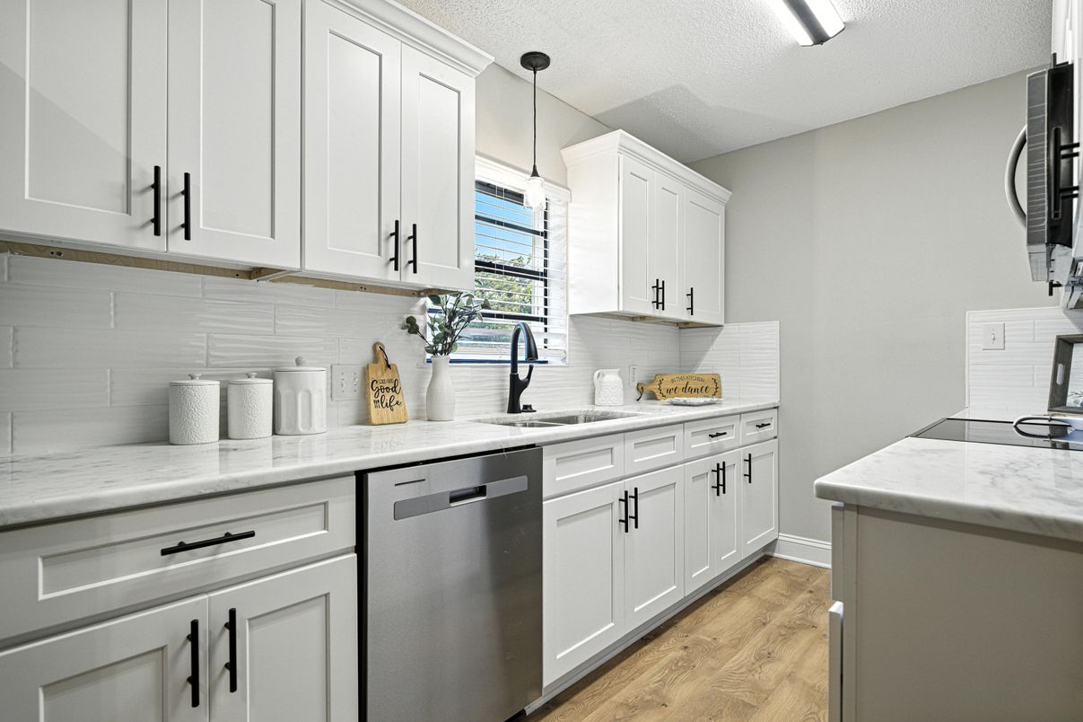 Interior, Kitchen, Pendant Lights, Stainless Steel Appliances, Wood Texture Flooring