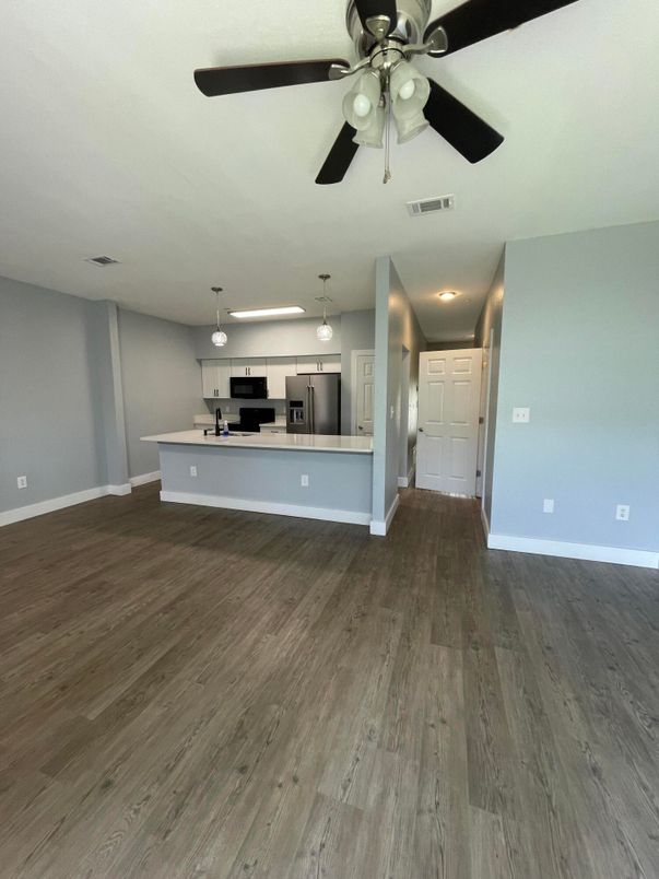 Interior, Kitchen, Pendant Lights, Stainless Steel Appliances, Wood Texture Flooring