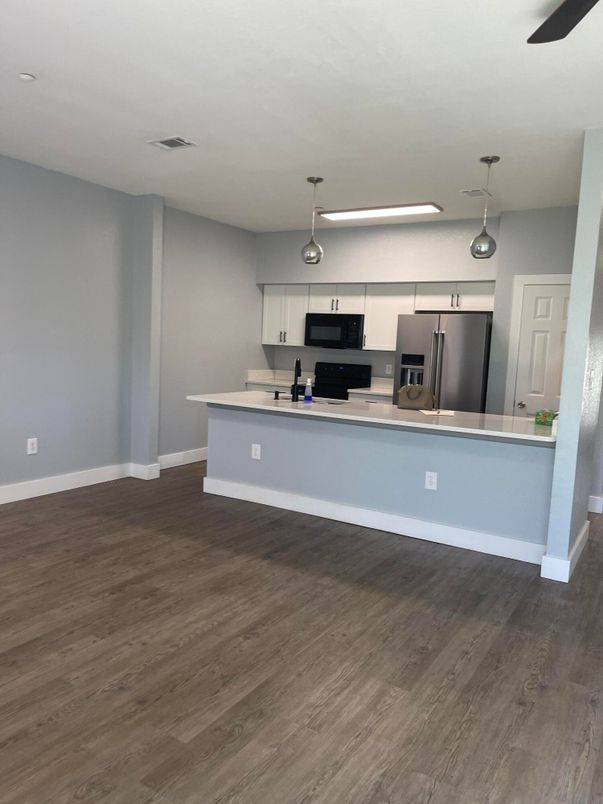 Interior, Kitchen, Pendant Lights, Stainless Steel Appliances, Wood Texture Flooring