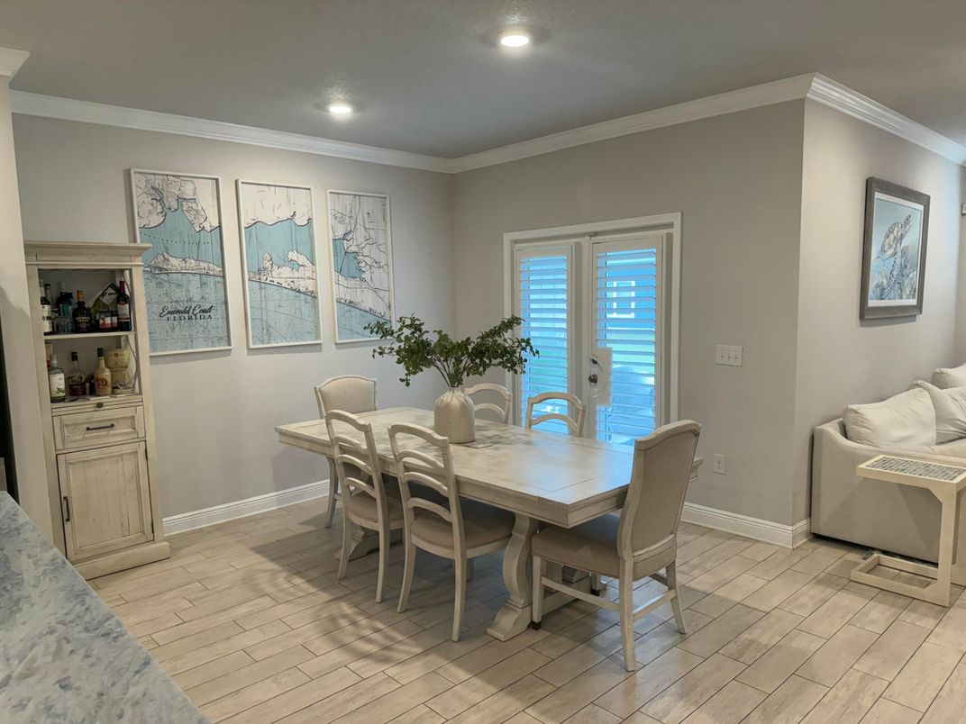 Dining room, Interior, Recessed Lighting, Wood Texture Flooring