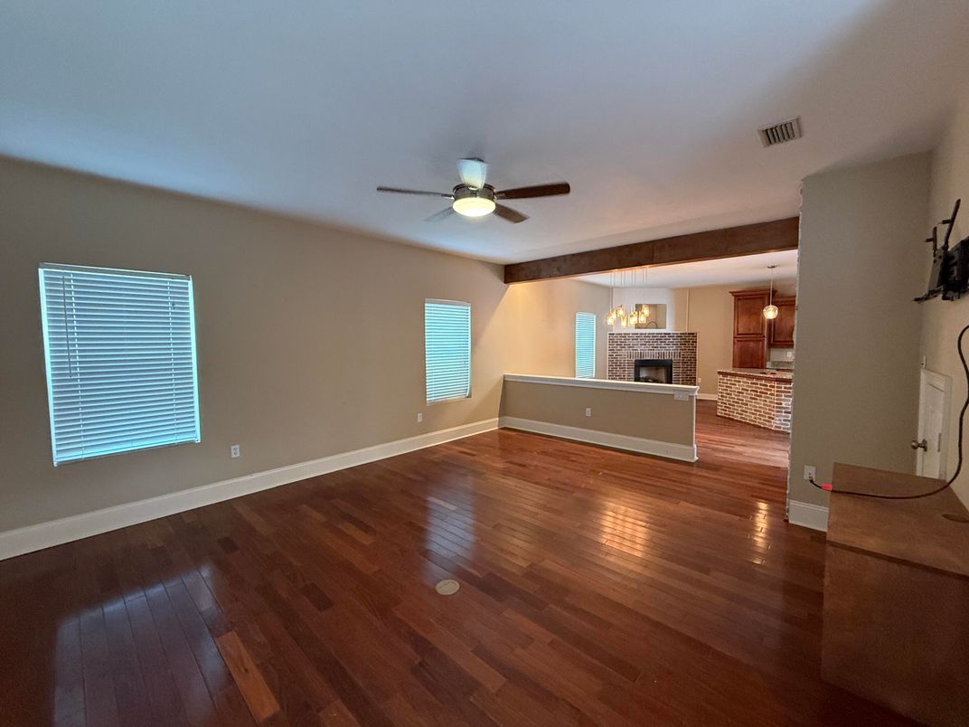 Empty room, Fireplace, Interior, Pendant Lights, Wood Texture Flooring