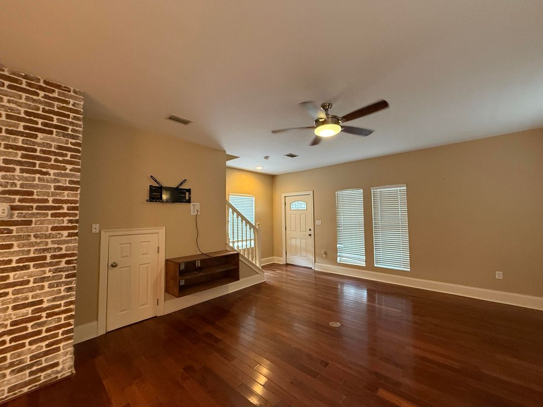 Empty room, Interior, Recessed Lighting, Stone Walls, Wood Texture Flooring