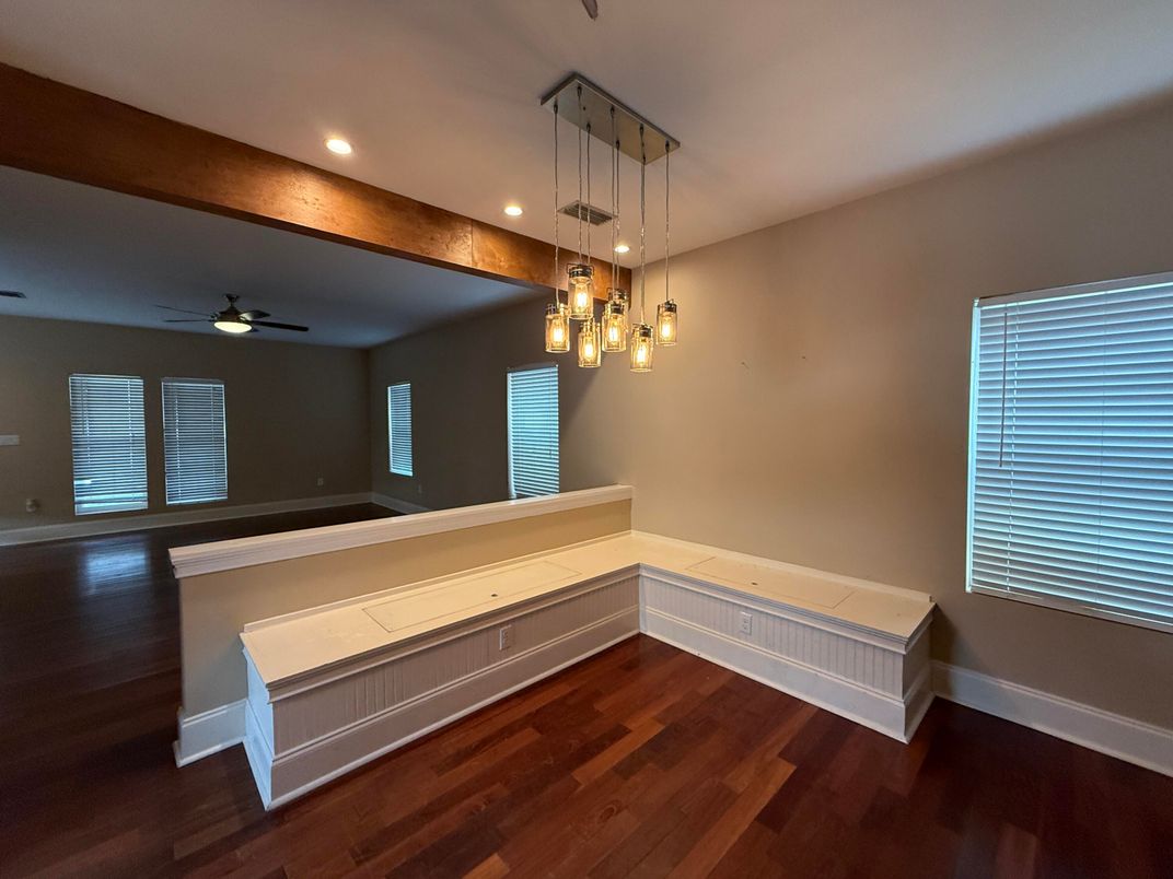 Empty room, Interior, Pendant Lights, Recessed Lighting, Wood Texture Flooring