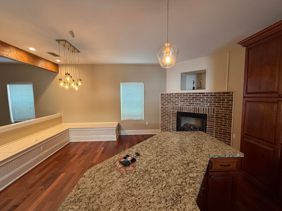 Fireplace, Interior, Pendant Lights, Recessed Lighting, Wood Texture Flooring
