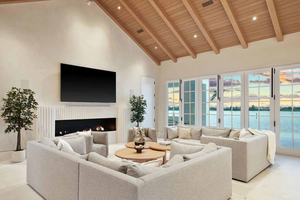 Fireplace, Interior, Living room, Recessed Lighting, Water, Wooden Beams, Wooden Ceilings