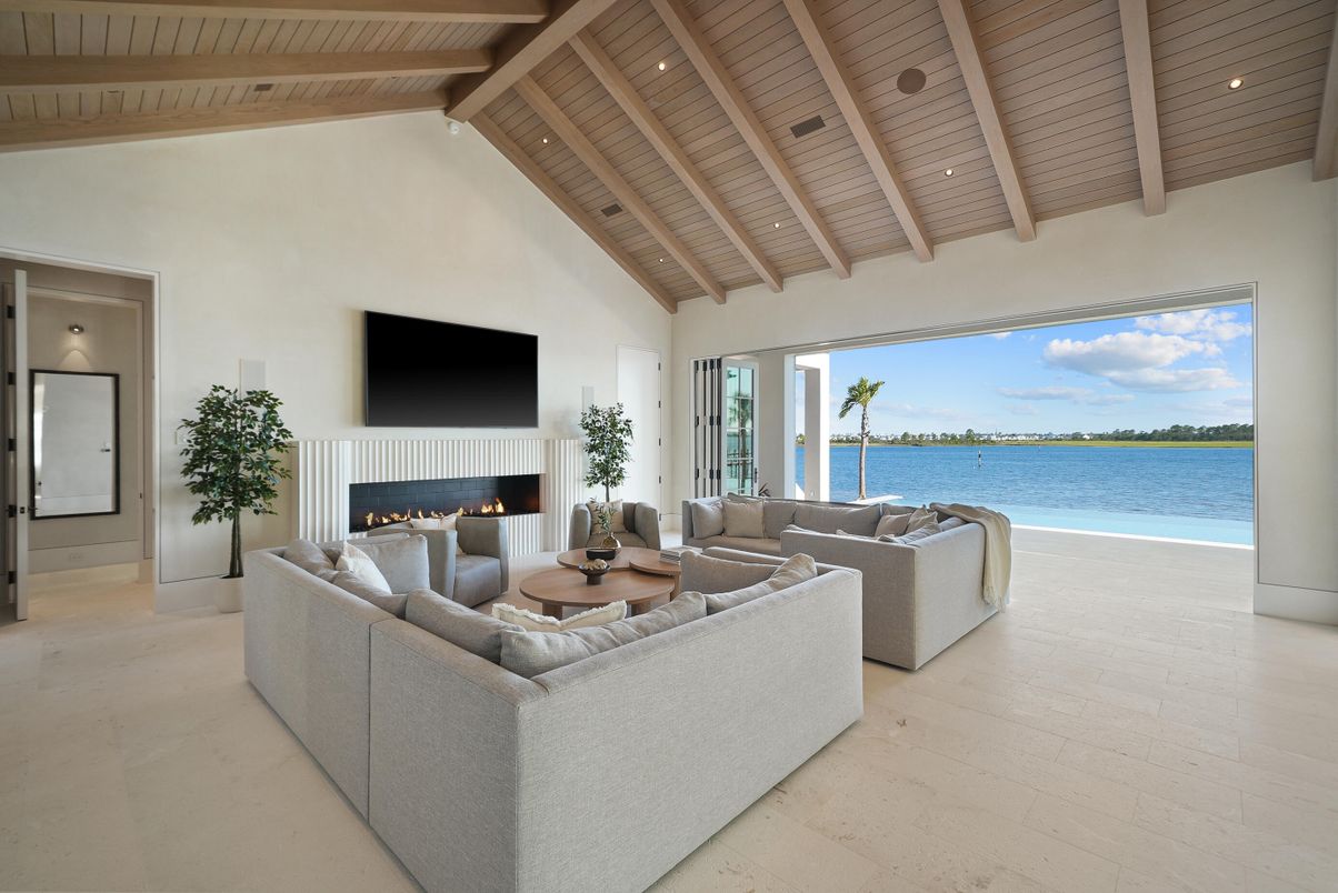 Fireplace, Interior, Living room, Recessed Lighting, Water, Wooden Beams, Wooden Ceilings