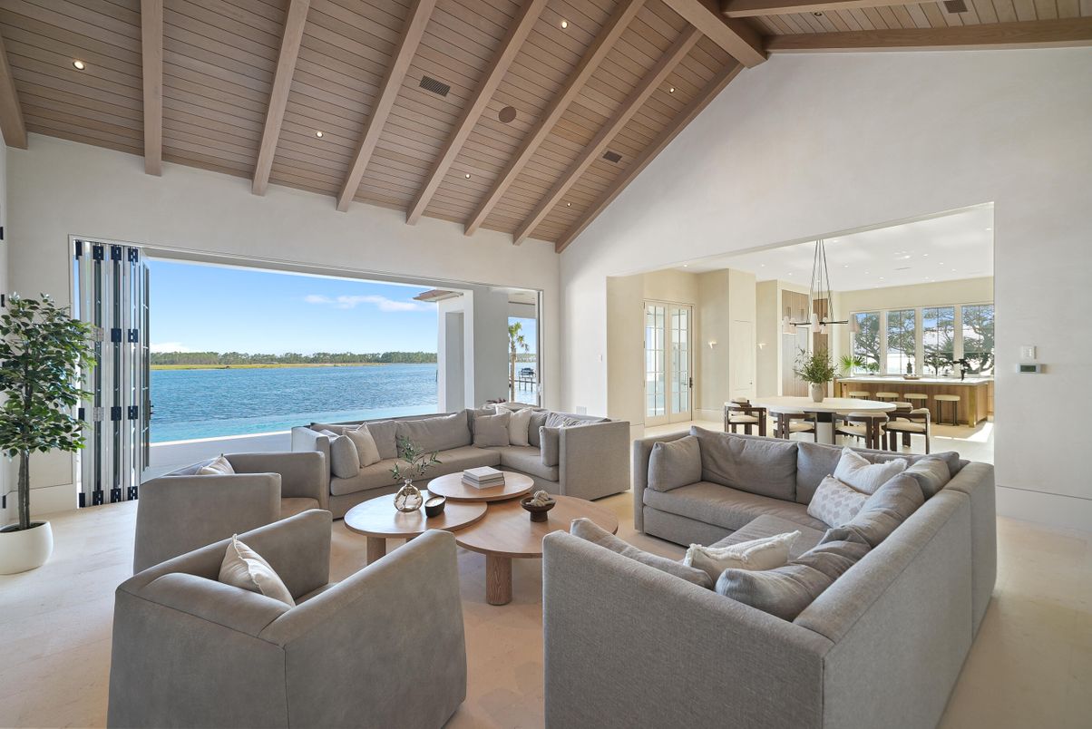 Dining room, Interior, Living room, Pendant Lights, Recessed Lighting, Water, Wooden Beams, Wooden Ceilings