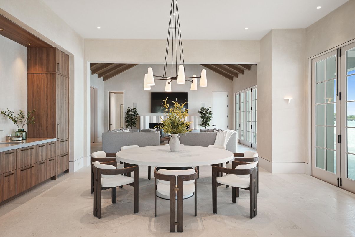Dining room, Interior, Living room, Pendant Lights, Recessed Lighting, Wooden Beams