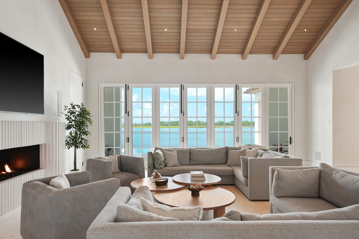 Fireplace, Interior, Living room, Recessed Lighting, Water, Wooden Beams, Wooden Ceilings
