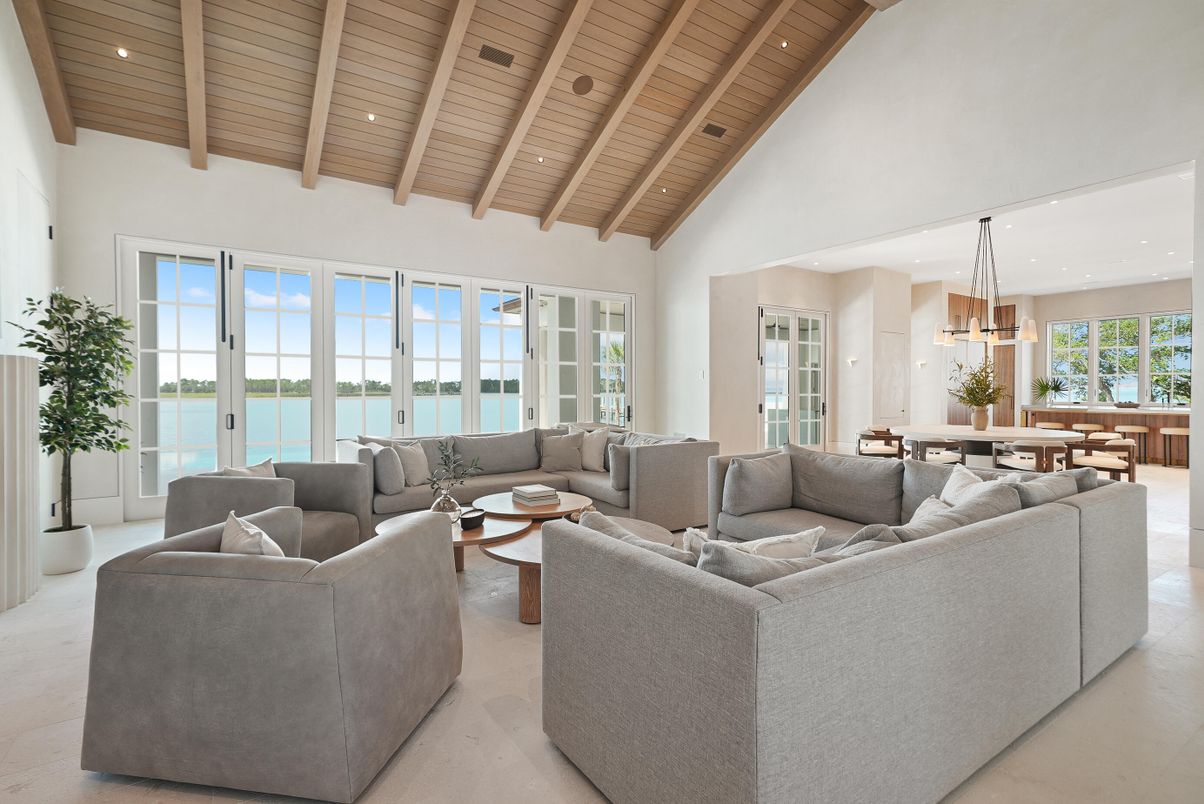 Dining room, Interior, Living room, Pendant Lights, Recessed Lighting, Water, Wooden Beams, Wooden Ceilings