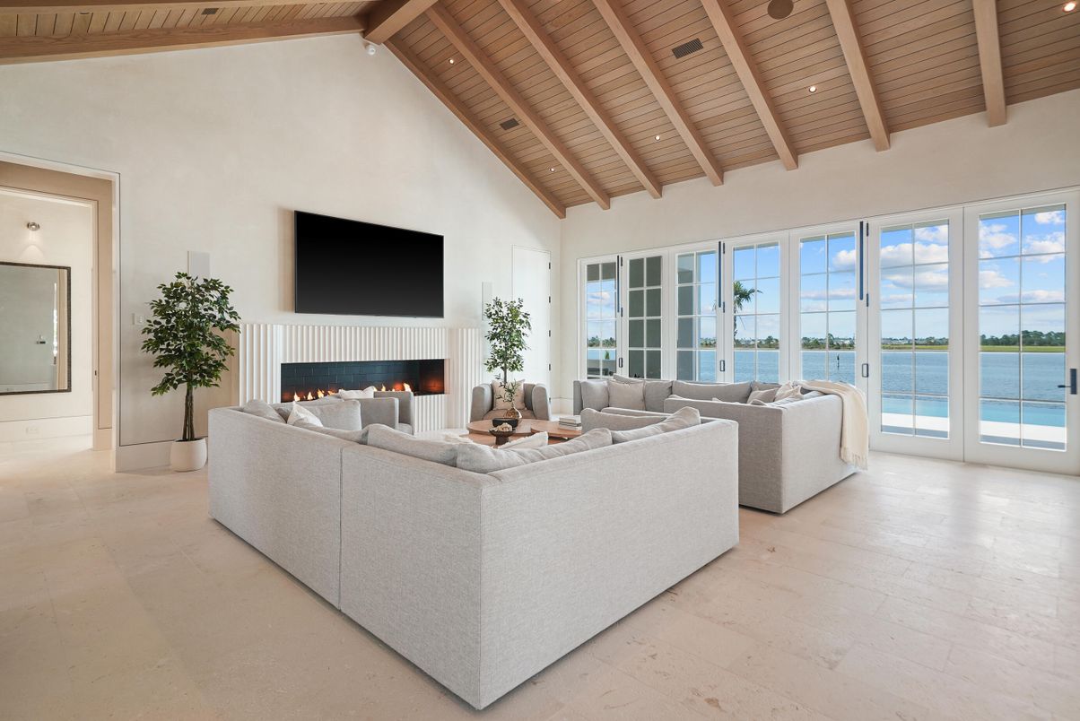 Fireplace, Interior, Living room, Recessed Lighting, Water, Wooden Beams, Wooden Ceilings, Wood Texture Flooring