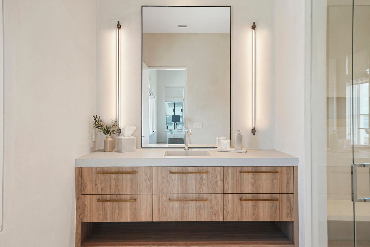 Bathroom, Dual Sink Vanities, Glass Shower, Interior, Wood Texture Flooring