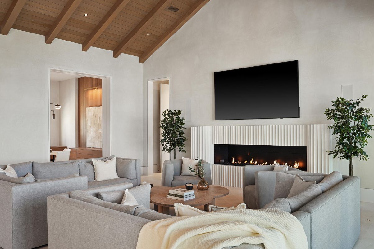 Fireplace, Interior, Living room, Recessed Lighting, Wooden Beams, Wooden Ceilings