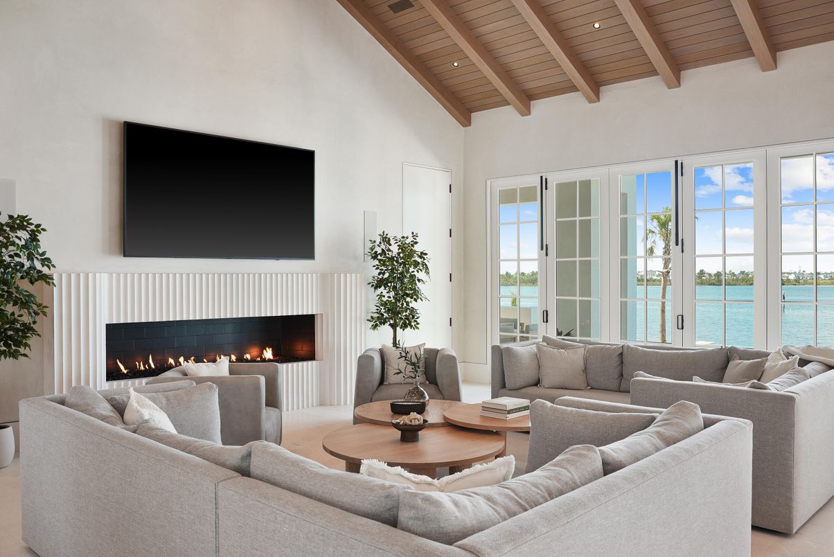 Fireplace, Interior, Living room, Recessed Lighting, Water, Wooden Beams, Wooden Ceilings