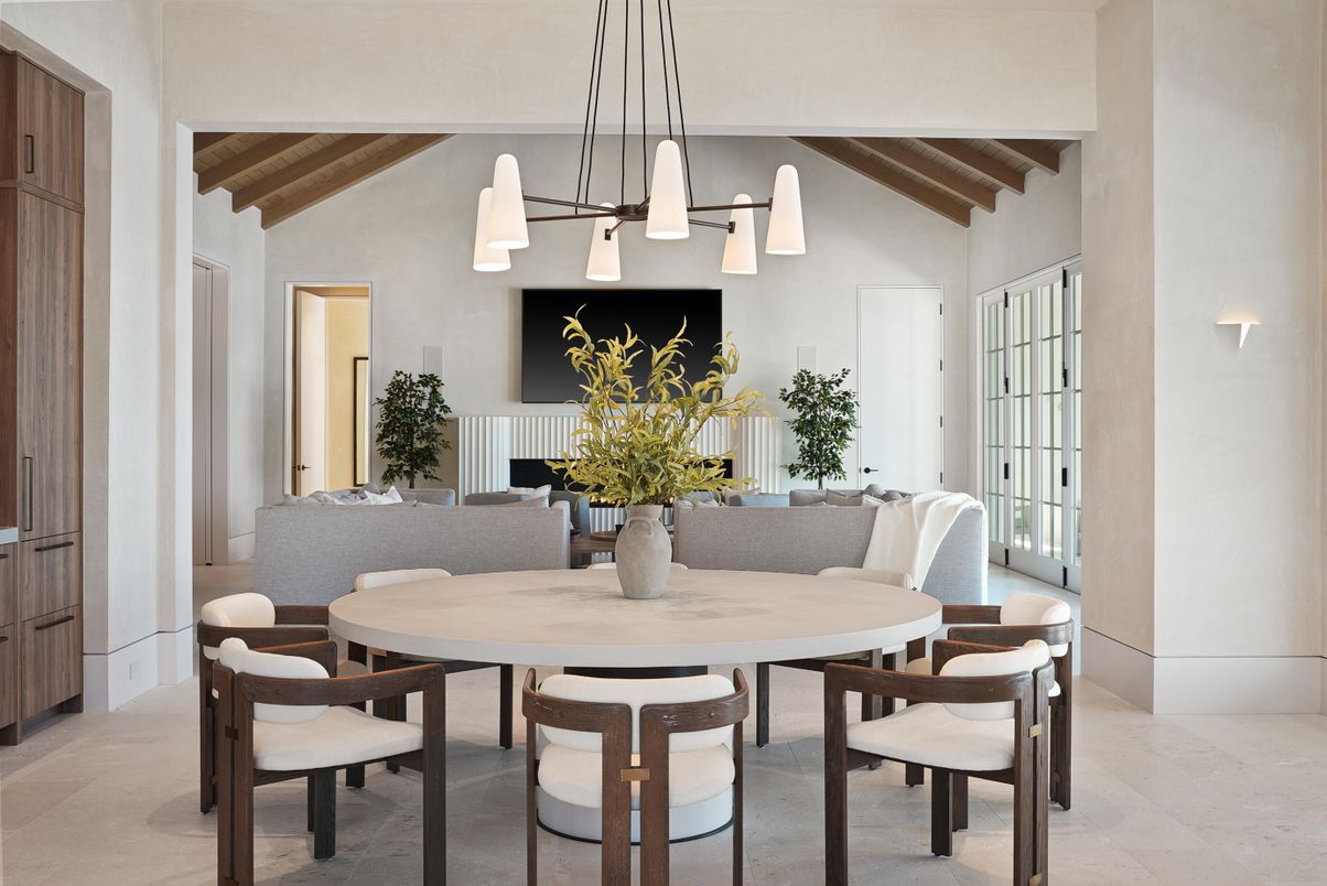 Dining room, Fireplace, Interior, Pendant Lights, Wooden Beams