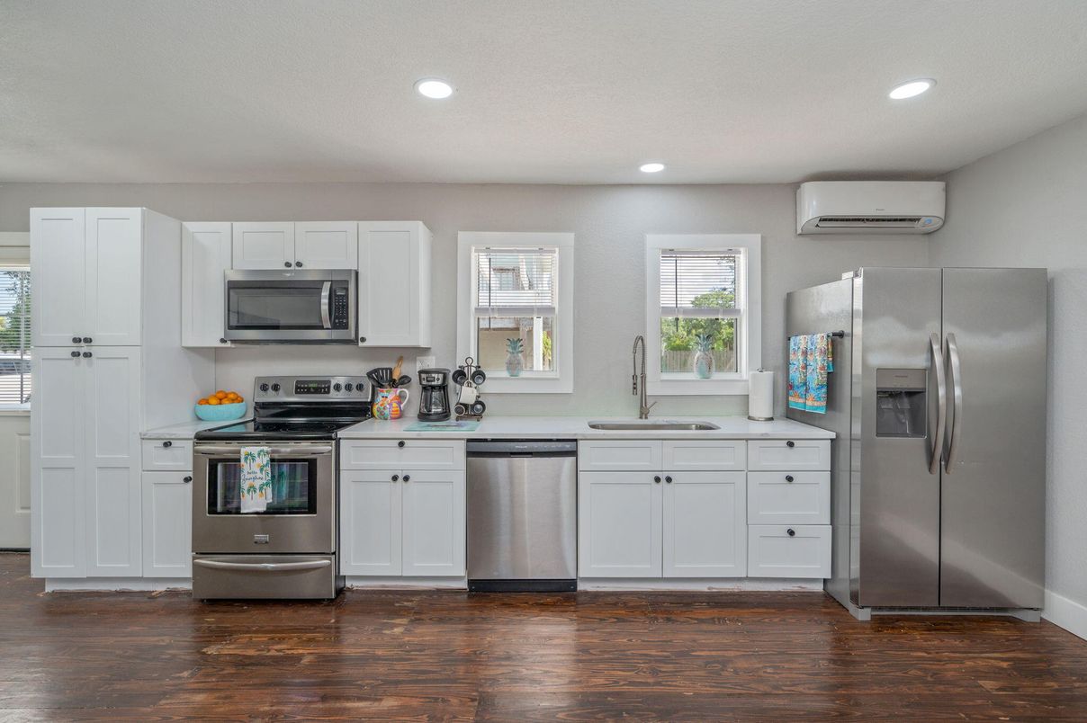 Interior, Kitchen, Recessed Lighting, Stainless Steel Appliances, Wood Texture Flooring