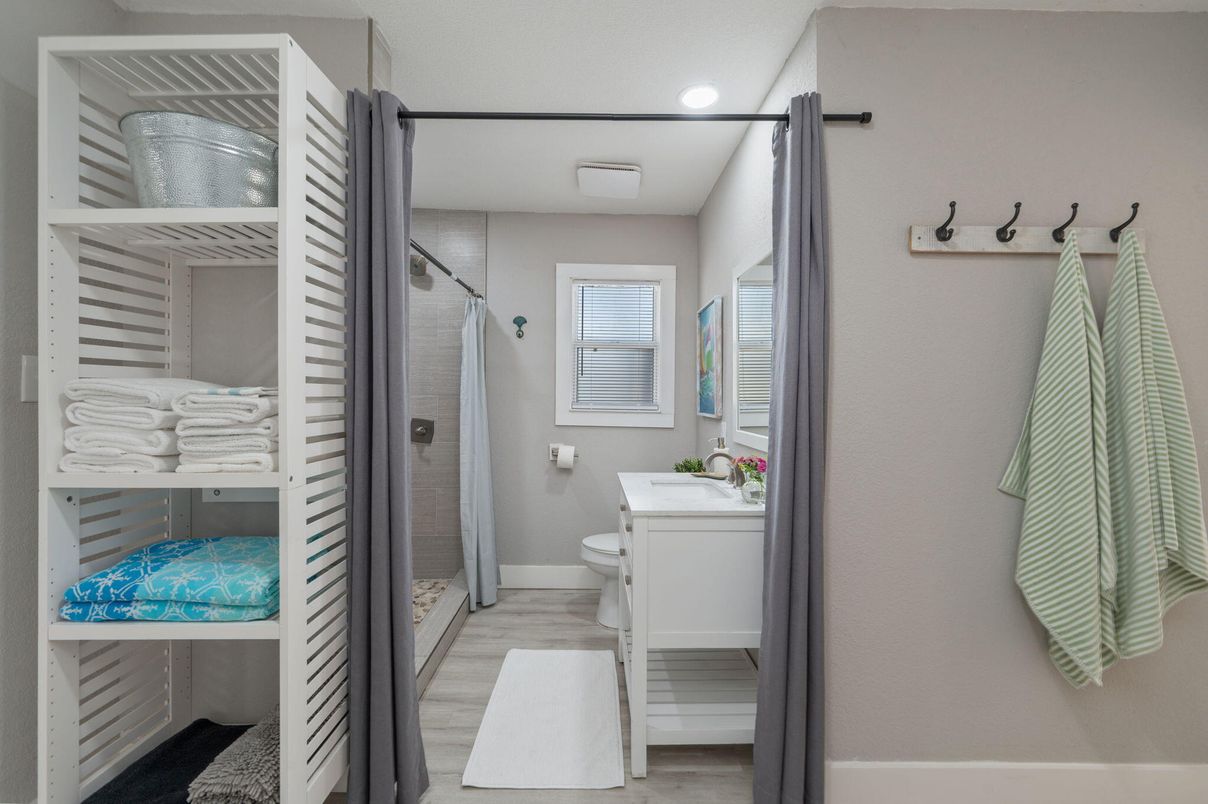 Bathroom, Glass Shower, Interior, Recessed Lighting, Wood Texture Flooring