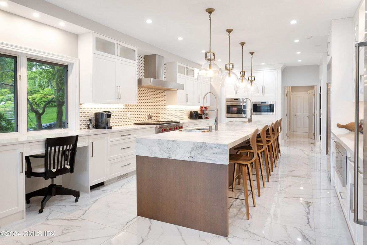 Interior, Kitchen, Marble, Pendant Lights, Recessed Lighting, Stainless Steel Appliances