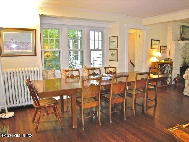 Dining room, Fireplace, Interior, Wood Texture Flooring
