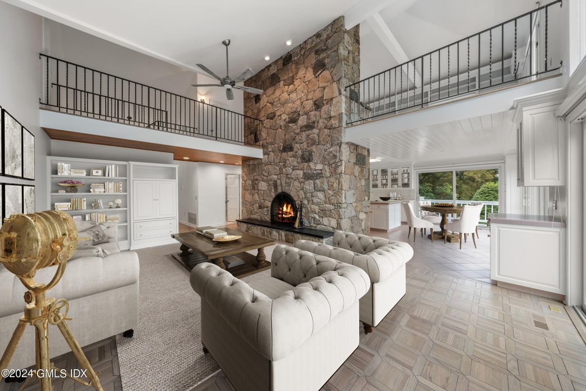 Dining room, Fireplace, Interior, Living room, Recessed Lighting, Stone Walls