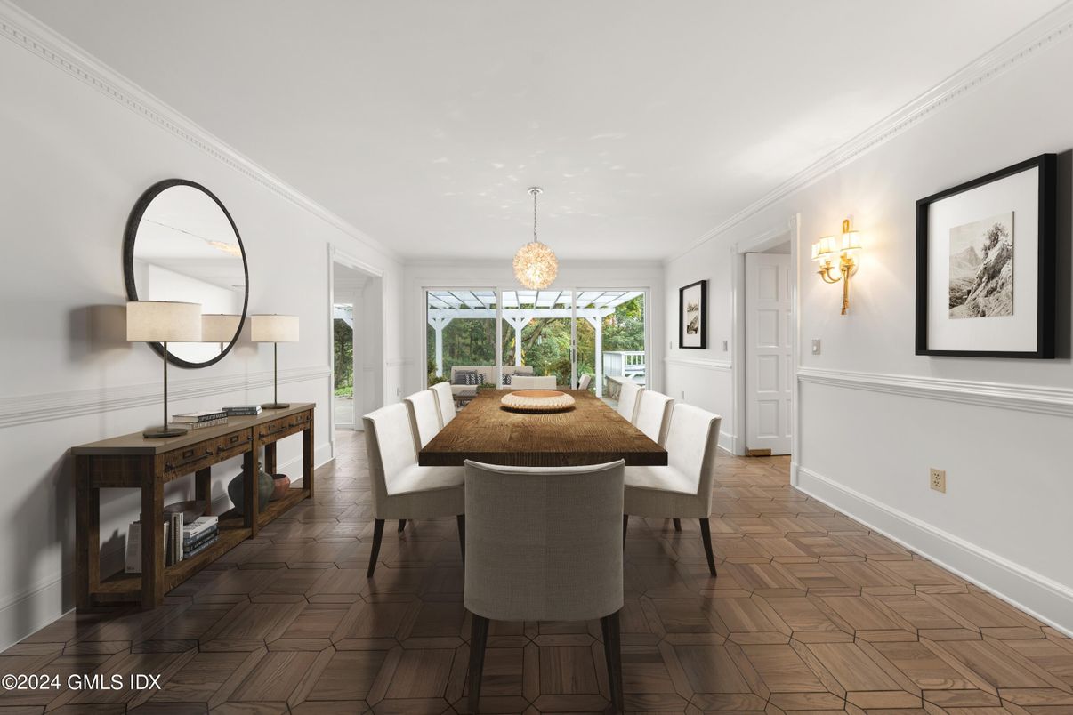 Dining room, Interior, Pendant Lights, Wood Texture Flooring
